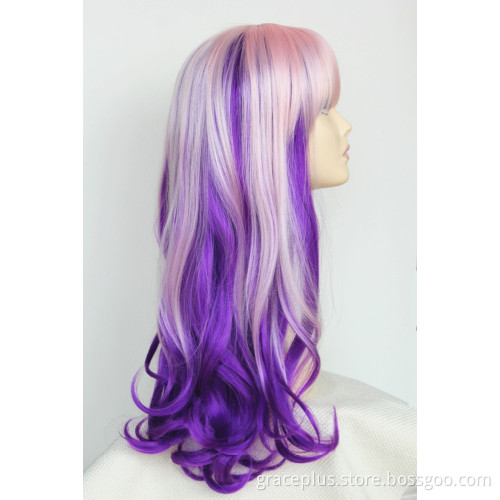 cheap synthetic hair cosplay wig factory price, violet purple with pink ombre wigs